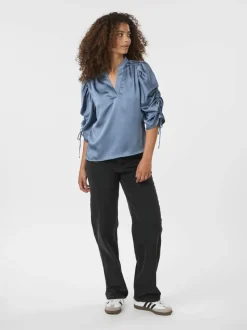 Alvira Drapy Satin Bluse, Dusty Blue, 40