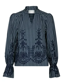 Amara Stripe Emb Bluse, Navy, 40