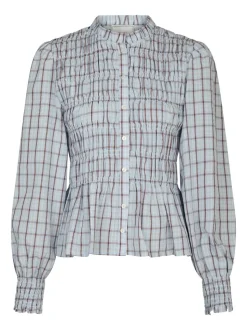 Mocca Smock Check Bluse, Light Blue, 40