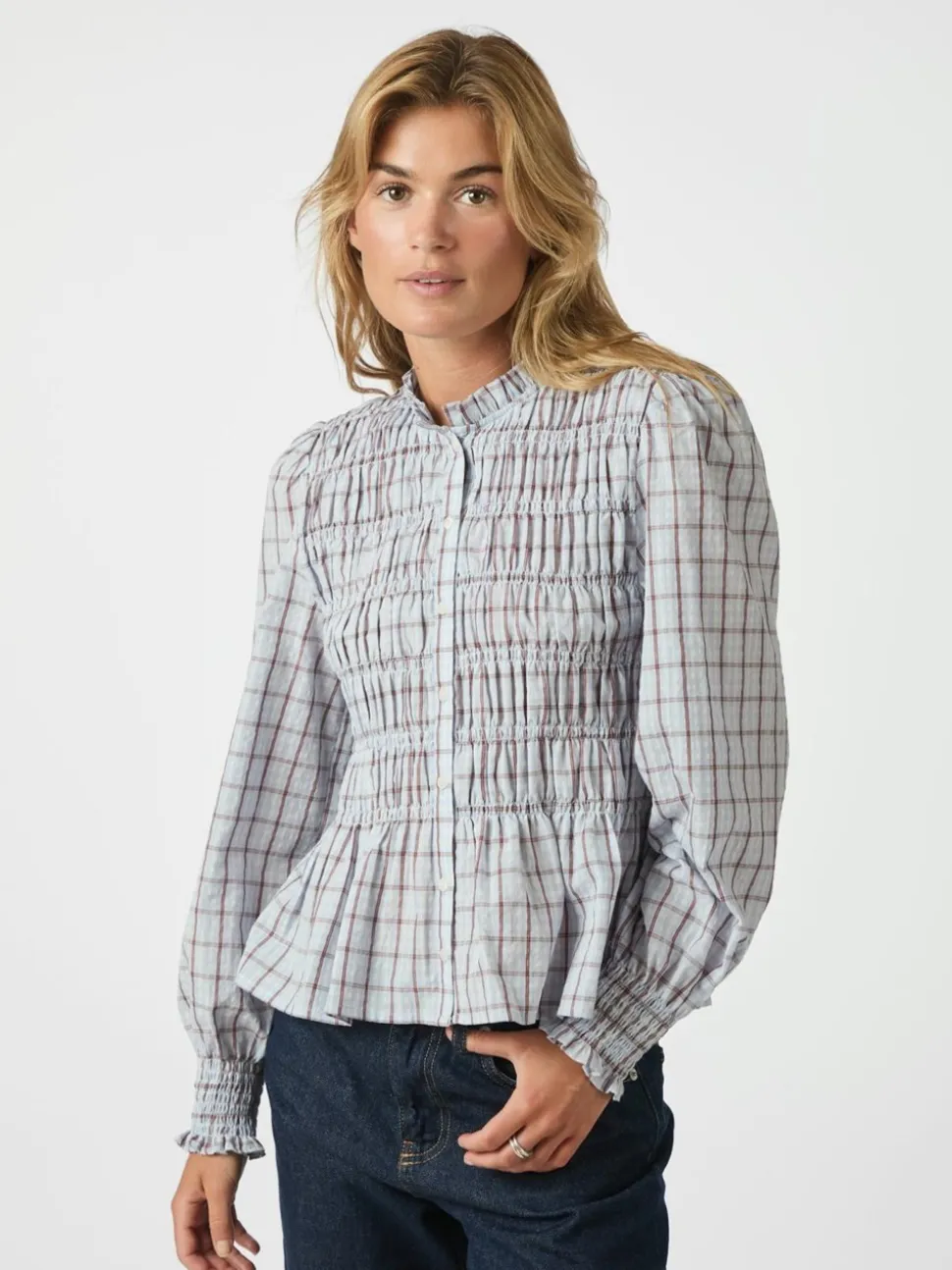 Mocca Smock Check Bluse, Light Blue, 40