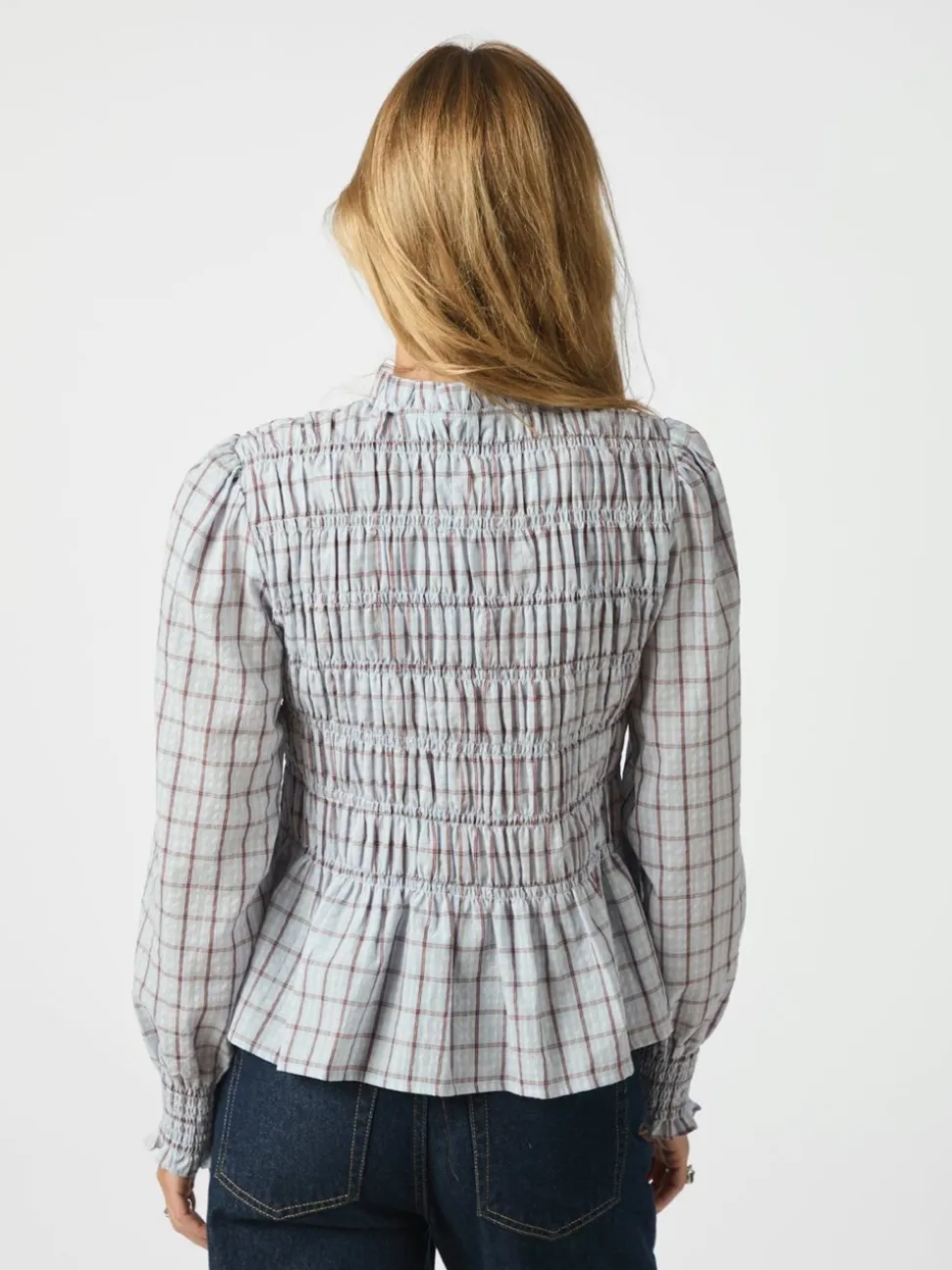 Mocca Smock Check Bluse, Light Blue, 40