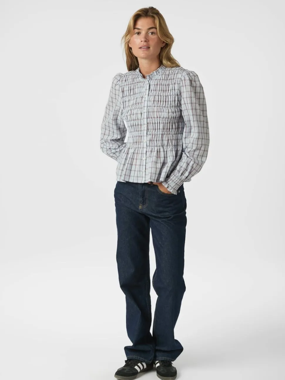 Mocca Smock Check Bluse, Light Blue, 40