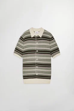 Nolan Tekstur Cardigan Polo, Green Stripe, M