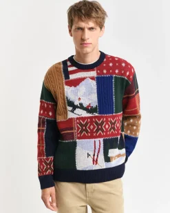 Patchwork Crewneck Sweater, Dark Navy Melange, M