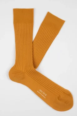 Ribbed Cotton Strømper, Burnt Yellow, 39-42