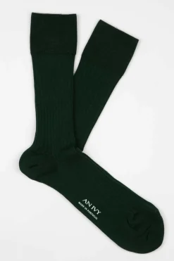 Ribbed Cotton Strømper, Forest Green, 43-46