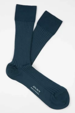 Ribbed Cotton Strømper, Indigo Blue, 43-46