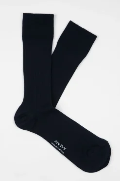 Ribbed Cotton Strømper, Navy, 43-46