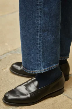 Ribbed Cotton Strømper, Navy, 43-46