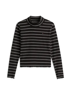 Sparkle Stripe Mock Neck Bluse, Black, 152 cm