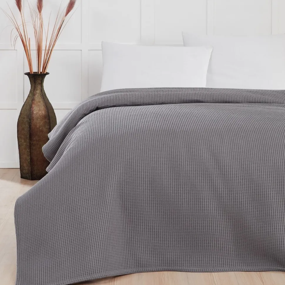 Waffle Sengetæppe, Mørk Grå, 220x220 cm