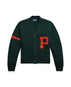 Wool V-Neck Letter Cardigan, Moss Agate Combo, L